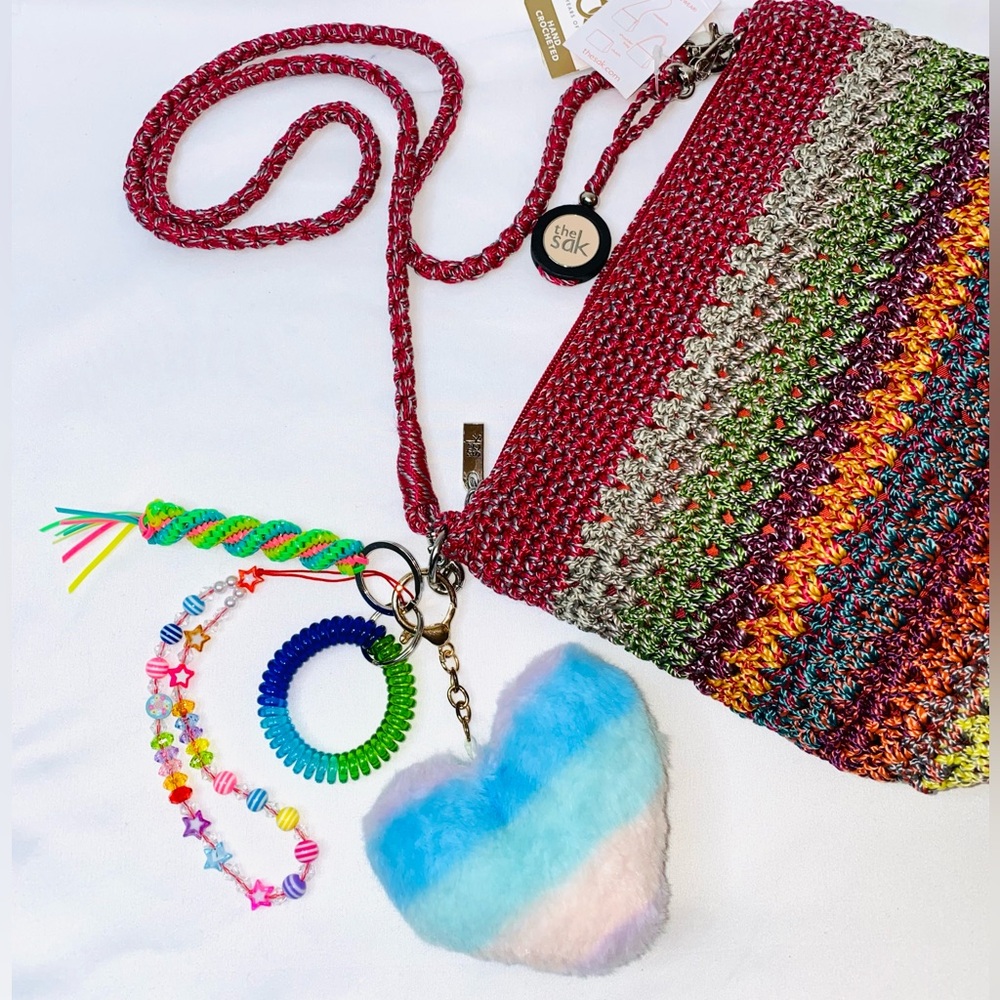 Colorful Striped Heart Keychain Set. Girls Purse Decor. Cute Women’s Keychains.